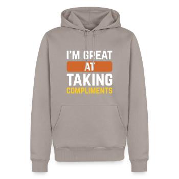 I’m Great At Taking Compliments - Men’s Premium Organic Hoodie - taupe - Front - Nico (187cm)