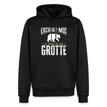 Humour | Excusez-moi je sors de ma grotte - Sweat à capuche Premium bio Homme - noir - Devant - Nico (187cm)