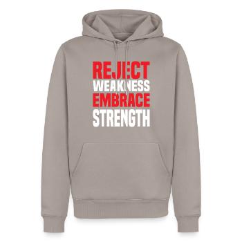 Reject Weakness Embrace Strength Sigma Male - Männer Premium Bio Hoodie - Taupe - Vorne - Nico (187cm)