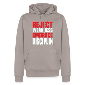 Reject Weakness Embrace Disciplin Sigma Male - Männer Premium Bio Hoodie - Taupe - Vorne - Nico (187cm)