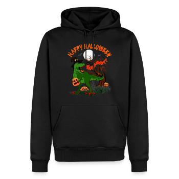 HAPPY HALLOWEEN T-REX WITH PUMPKIN - Men’s Premium Organic Hoodie - black - Front - Nico (187cm)