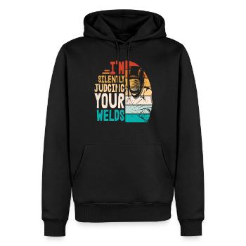 Je juge silencieusement vos soudures - Sweat à capuche Premium bio Homme - noir - Devant - Nico (187cm)