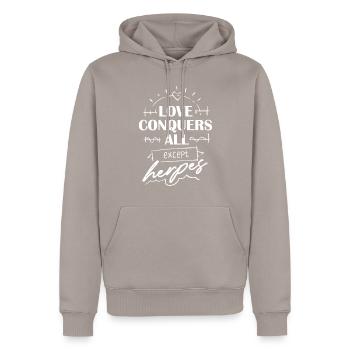 Love Conquers All Except Herpes - Lustiger Spruch - Männer Premium Bio Hoodie - Taupe - Vorne - Nico (187cm)