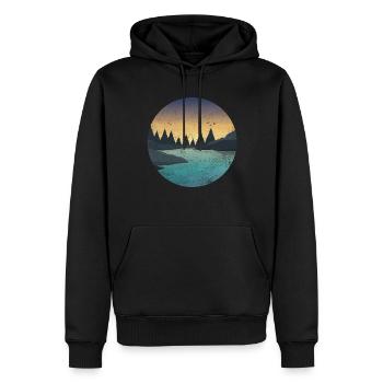 RETRO RIVER WITH FOREST AND BIRDS AT SUNSET - Men’s Premium Organic Hoodie - black - Front - Nico (187cm)