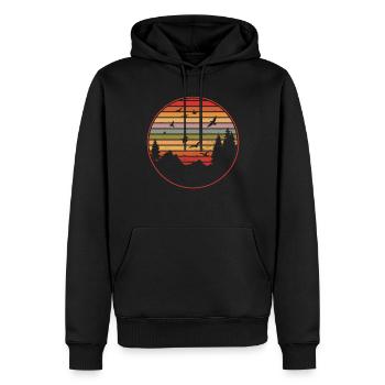 RETRO WALD MIT VOGEL IM SONNENUNTERGANG - Männer Premium Bio Hoodie - Schwarz - Vorne - Nico (187cm)