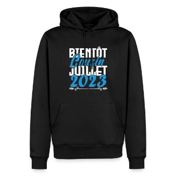 Annonce grossesse bientôt Cousin Juillet 2023. - Sweat à capuche Premium bio Homme - noir - Devant - Nico (187cm)