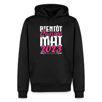 Annonce grossesse. bientôt Cousine Mai 2023. - Sweat à capuche Premium bio Homme - noir - Devant - Nico (187cm)
