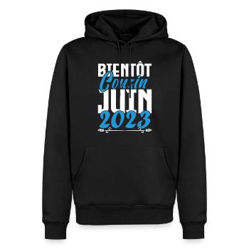 Cadeau Annonce grossesse bientôt Cousin Juin 2023. - Sweat à capuche Premium bio Homme - noir - Devant - Nico (187cm)