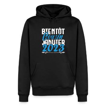 Annonce grossesse. bientôt Cousin janvier 2023. - Sweat à capuche Premium bio Homme - noir - Devant - Nico (187cm)