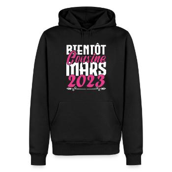 Annonce grossesse. bientôt Cousine Mars 2023. - Sweat à capuche Premium bio Homme - noir - Devant - Nico (187cm)