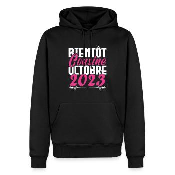 Annonce grossesse. bientôt Cousine Octobre 2023. - Sweat à capuche Premium bio Homme - noir - Devant - Nico (187cm)
