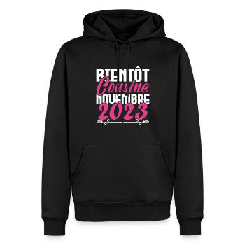 Annonce grossesse. bientôt Cousine Novembre 2023. - Sweat à capuche Premium bio Homme - noir - Devant - Nico (187cm)