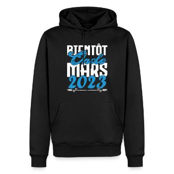 Cadeau Annonce grossesse. bientôt Oncle Mars 2023. - Sweat à capuche Premium bio Homme - noir - Devant - Nico (187cm)