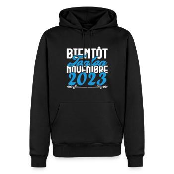 Annonce grossesse. bientôt Tonton Novembre 2023. - Sweat à capuche Premium bio Homme - noir - Devant - Nico (187cm)