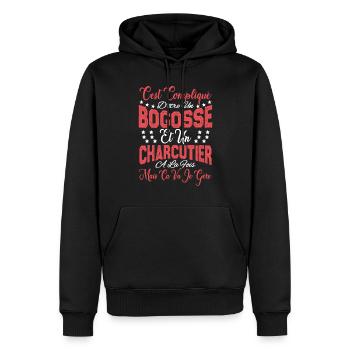 c'est compliqué d'être un Bogosse et un Charcutier - Sweat à capuche Premium bio Homme - noir - Devant - Nico (187cm)