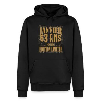 Janvier 63 ans. Cadeau 63 ans janvier anniversaire - Sweat à capuche Premium bio Homme - noir - Devant - Nico (187cm)