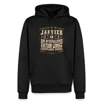 Vintage Janvier 13 ans. anniversaire janvier. - Sweat à capuche Premium bio Homme - noir - Devant - Nico (187cm)