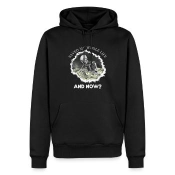 Skelett, Saved my whole life – and now? - Männer Premium Bio Hoodie - Schwarz - Vorne - Nico (187cm)