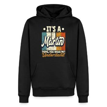 Nom Martin Cadeau Citation d’anniversaire - Sweat à capuche Premium bio Homme - noir - Devant - Nico (187cm)