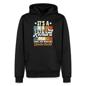 Nom Richard Cadeau Citation d’anniversaire - Sweat à capuche Premium bio Homme - noir - Devant - Nico (187cm)