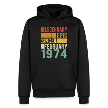 Anniversaire février 1974 Épopée légendaire - Sweat à capuche Premium bio Homme - noir - Devant - Nico (187cm)