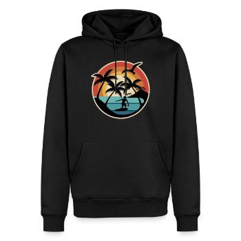 Surfeurs des années 70 des années 80 sous les palmiers coucher de soleil - Sweat à capuche Premium bio Homme - noir - Devant - Nico (187cm)