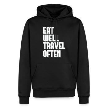 Bien manger Voyager souvent Touriste Voyageur du Monde - Sweat à capuche Premium bio Homme - noir - Devant - Nico (187cm)