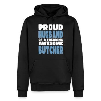 Fière épouse d’un sacré bon boucher - Sweat à capuche Premium bio Homme - noir - Devant - Nico (187cm)