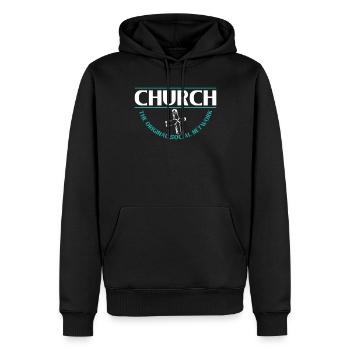 Église Le réseau social originel Foi - Sweat à capuche Premium bio Homme - noir - Devant - Nico (187cm)