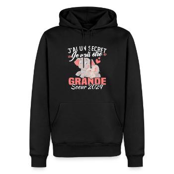 J'ai un secret Je Vais Être Grande Soeur 2024 - Sweat à capuche Premium bio Homme - noir - Devant - Nico (187cm)