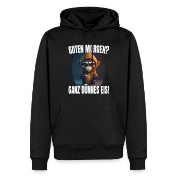 Guten Morgen? Ganz dünnes Eis! Morgenmuffel Affe - Männer Premium Bio Hoodie - Schwarz - Vorne - Nico (187cm)