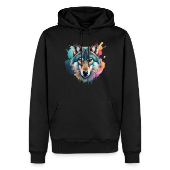 Wolf Porträt Bunt Kunstwerk | Tiermotiv Wolf - Männer Premium Bio Hoodie - Schwarz - Vorne - Nico (187cm)
