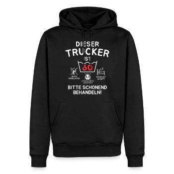 Dieser Trucker ist 60. Schonend behandeln - Männer Premium Bio Hoodie - Schwarz - Vorne - Nico (187cm)