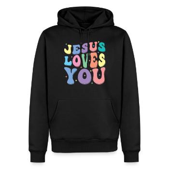 Jésus t’aime Groovy Vintage Christian - Sweat à capuche Premium bio Homme - noir - Devant - Nico (187cm)