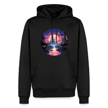 Paysage urbain cyberpunk futuriste, style synthwave - Sweat à capuche Premium bio Homme - noir - Devant - Nico (187cm)
