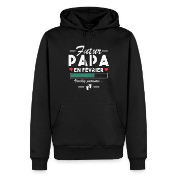 Homme Papa Bébé Futur Papa En fevrier - Sweat à capuche Premium bio Homme - noir - Devant - Nico (187cm)