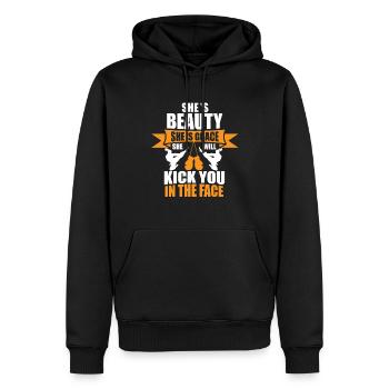 She Is Beauty She Is Grace She Will Kick You, - Men’s Premium Organic Hoodie - black - Front - Nico (187cm)