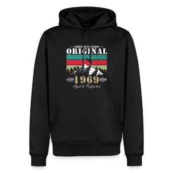 55e anniversaire légendaire 1969 - Sweat à capuche Premium bio Homme - noir - Devant - Nico (187cm)