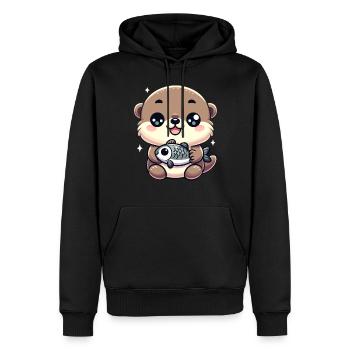 Kawaii Otter mit Fisch Entzückendes Design - Männer Premium Bio Hoodie - Schwarz - Vorne - Nico (187cm)