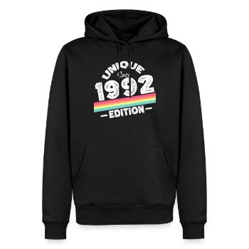 Unique depuis 1992 Edition Anniversaire Millésime 1992 - Sweat à capuche Premium bio Homme - noir - Devant - Nico (187cm)
