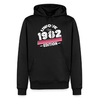 Unique depuis 1982 Edition Anniversaire Millésime 1982 - Sweat à capuche Premium bio Homme - noir - Devant - Nico (187cm)