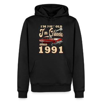 33e anniversaire homme Vintage 1991 - Sweat à capuche Premium bio Homme - noir - Devant - Nico (187cm)
