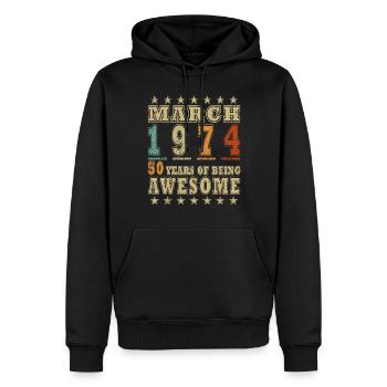Anniversaire Mars 1974.Don Mars 1974.Mars 1974 - Sweat à capuche Premium bio Homme - noir - Devant - Nico (187cm)