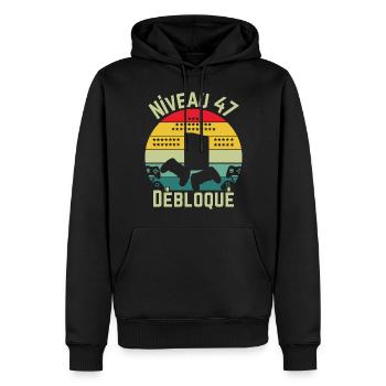 Niveau 47 Débloqué - Sweat à capuche Premium bio Homme - noir - Devant - Nico (187cm)