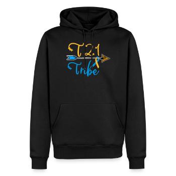 Sensibilisation au syndrome de Down Ruban bleu jaune T21 - Sweat à capuche Premium bio Homme - noir - Devant - Nico (187cm)