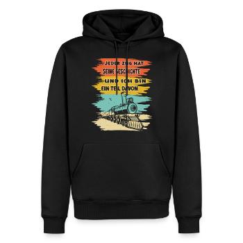 Eisenbahn JEDER ZUG HAT SEINE GESCHICHTE - Männer Premium Bio Hoodie - Schwarz - Vorne - Nico (187cm)