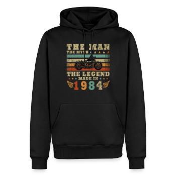 1984 Vintage Man Myth Legend Motorcycle - Men’s Premium Organic Hoodie - black - Front - Nico (187cm)