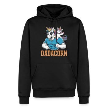 Strong dadacorn with muscles and unicorn - Men’s Premium Organic Hoodie - black - Front - Nico (187cm)