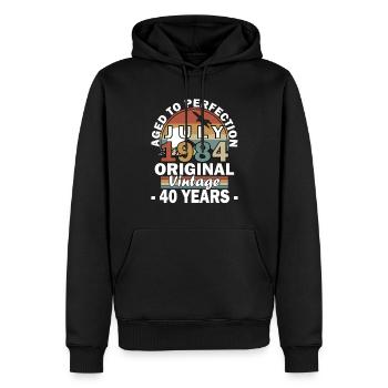 Juillet 1984 Vintage Anniversaire 1984 Juillet - Sweat à capuche Premium bio Homme - noir - Devant - Nico (187cm)
