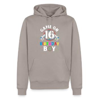 Lasertag Game On 16 Birthday Boy Indoor Laser Tag - Men’s Premium Organic Hoodie - taupe - Front - Nico (187cm)